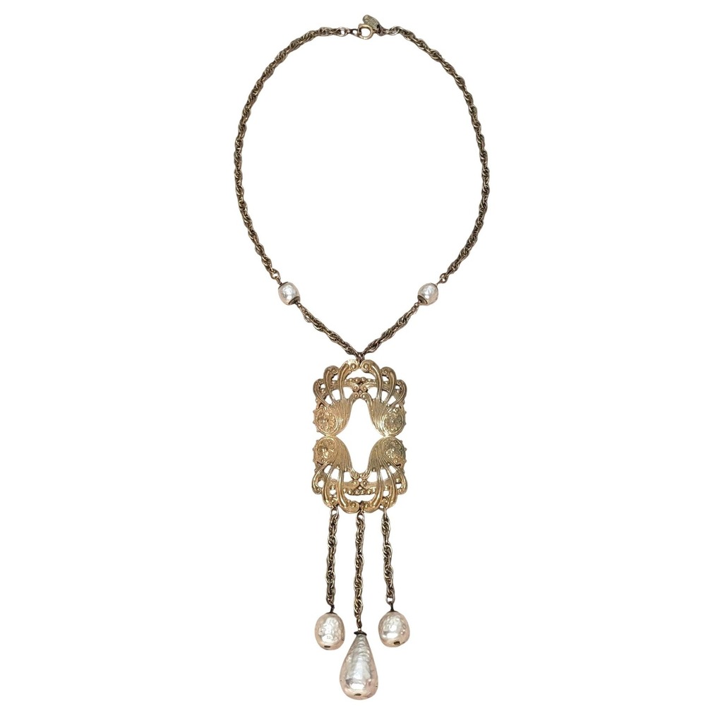 Vintage Miriam Haskell Baroque Gold  Pearl statement pendant chandelier necklace